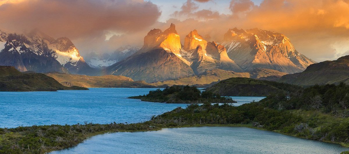 A view of dramatic mountain peaks in Patagonia, South America.